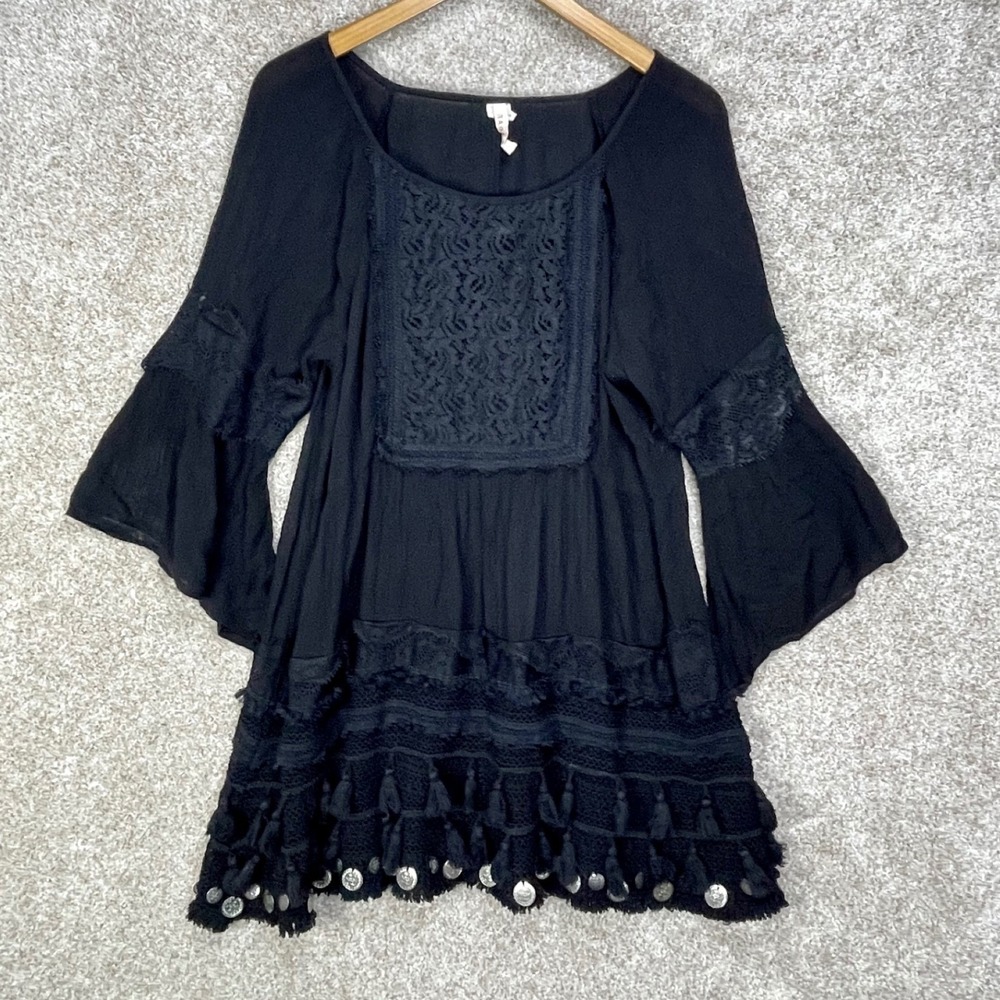 RAGA Boho Lace Tassel Coin Hem Mini Dress Womens S Black Bell Sleeve Whimsigoth